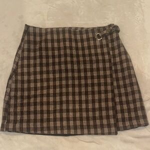 Francesca's Collections Brown and Cream Plaid Mini Skirt with Buckle